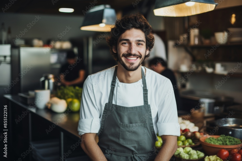 Fototapeta premium Portrait of a smiling male chef in professional kitchen
