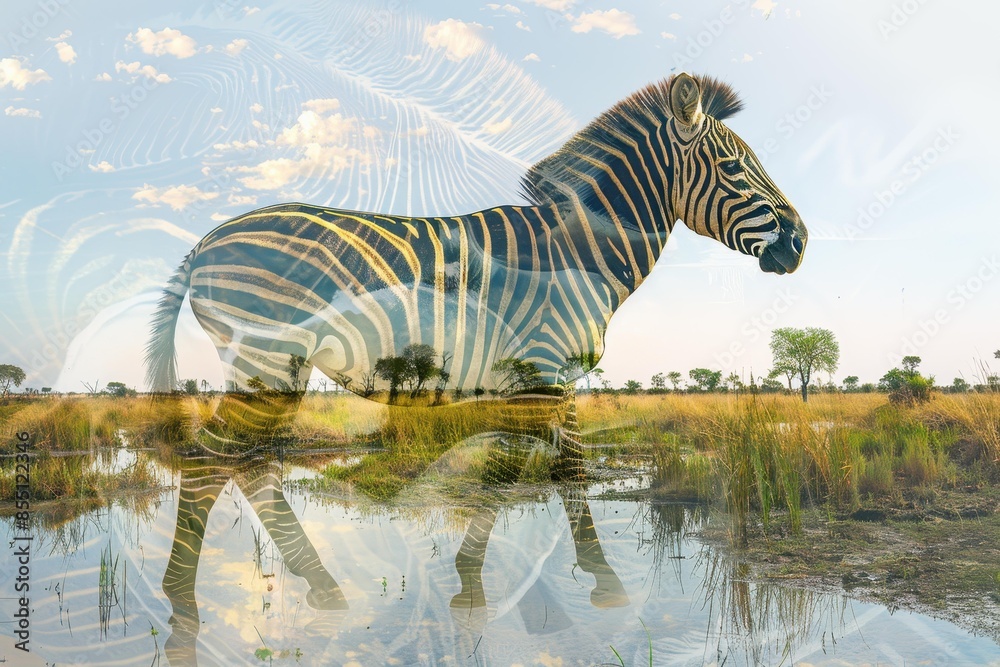 Artistic depiction of a zebra blending with the landscape of an African savannah, surrounded by grassy wetlands and distant trees under a partly cloudy sky. Artistic depiction of a zebra blending with the landscape of an African savannah, surrounded by grassy wetlands and distant trees under a partly cloudy sky.