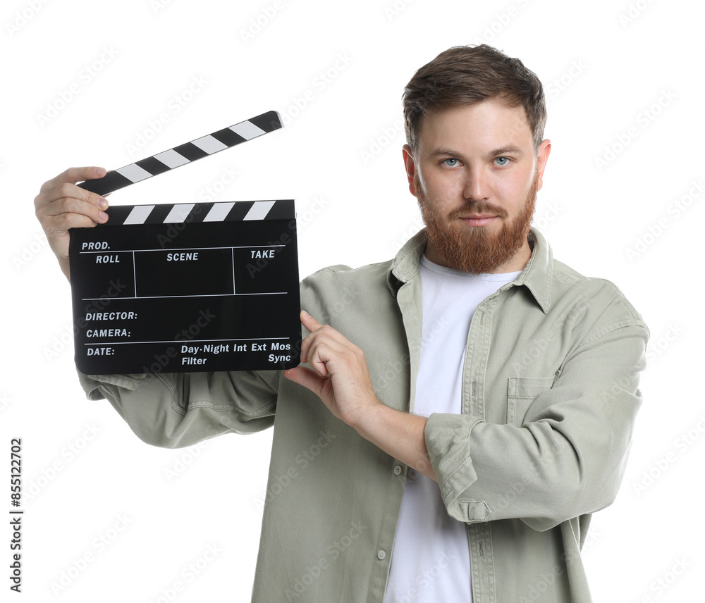 Making movie. Man with clapperboard on white background Making movie. Man with clapperboard on white background