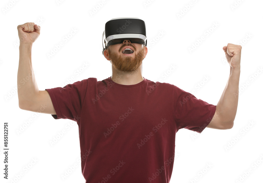 Emotional man using virtual reality headset on white background Emotional man using virtual reality headset on white background