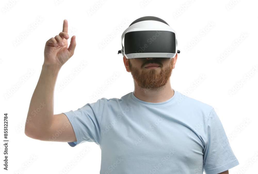 Man using virtual reality headset on white background Man using virtual reality headset on white background
