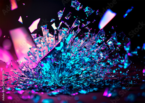 Shattered glass exploding in many parts in pink and purple light    