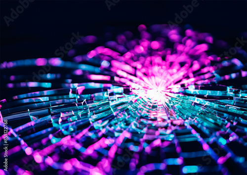 Shattered glass exploding in many parts in pink and purple light   
