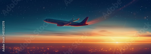 Airplane Flying At Sunset With Stars