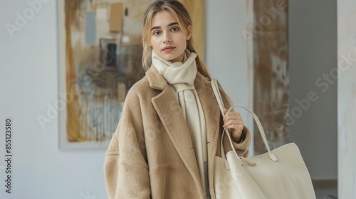 Woman In Beige Coat Holding A Large White Tote Bag In A Modern Home