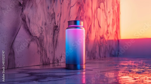 Futuristic Gradient Bottle in Abstract Neon Environment at Sunset photo