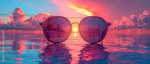 Sunglasses reflect a vibrant sunset over a calm ocean. photo