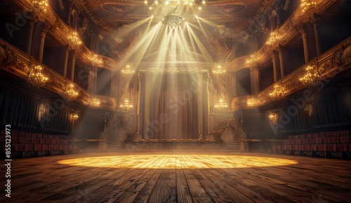 Empty Stage Illuminated by Spotlights in an Ornate Theater