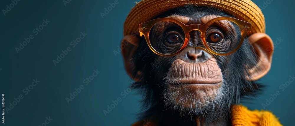 A close-up portrait of a monkey wearing a hat and glasses. A close-up portrait of a monkey wearing a hat and glasses.