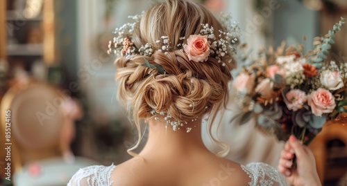 Bride With Floral Crown and Bouquet on Wedding Day
