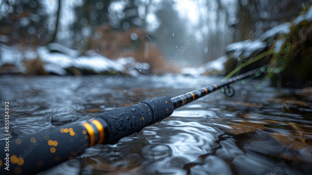 Naklejka premium A close-up image of a black and gold fishing rod resting on a creek bed, with snow and trees in the background.