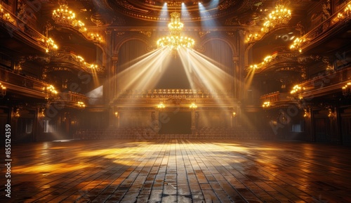 Empty Stage Illuminated by Spotlights in an Ornate Theater