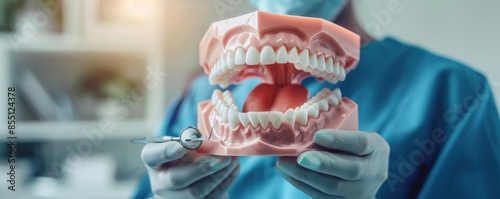 Dentist hold a dental model of human teeth, banner. Generative AI.
