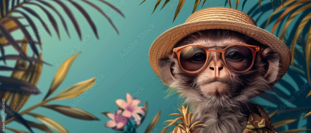 A monkey wearing sunglasses and a hat in a tropical setting. A monkey wearing sunglasses and a hat in a tropical setting.