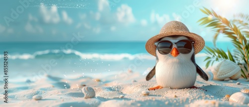 A penguin wearing sunglasses and a hat on a beach. photo