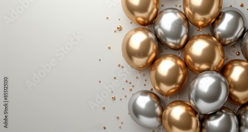 Gold and Silver Balloons Against a White Wall