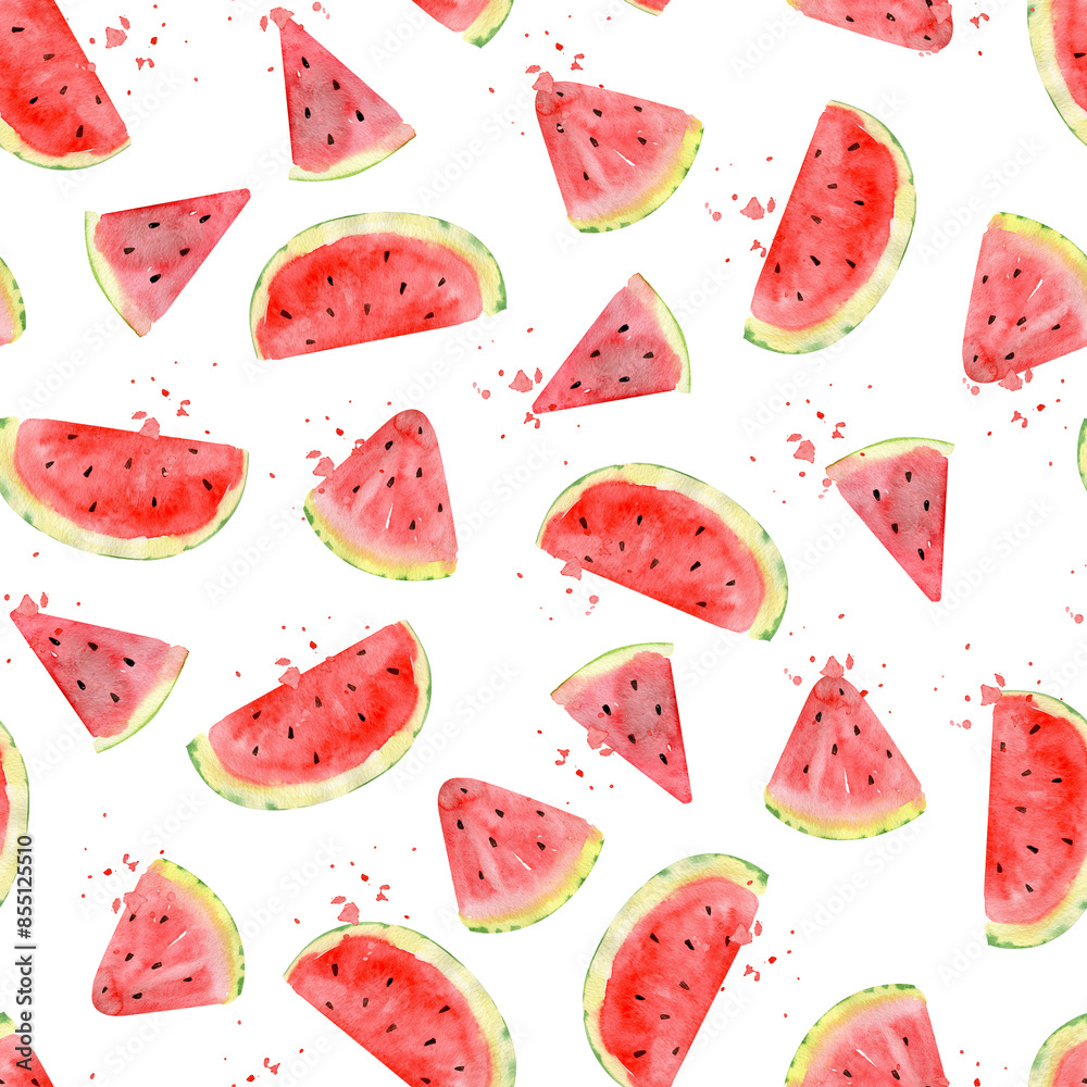 Seamless watercolor pattern with juicy, bright hand-drawn watermelon slices in a sketch style. Watermelon texture for creating fabrics, textiles, wrapping paper .