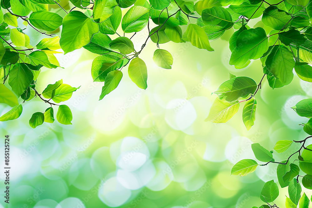 Green leaves on a branch with a blurred background, providing a fresh and natural copy space