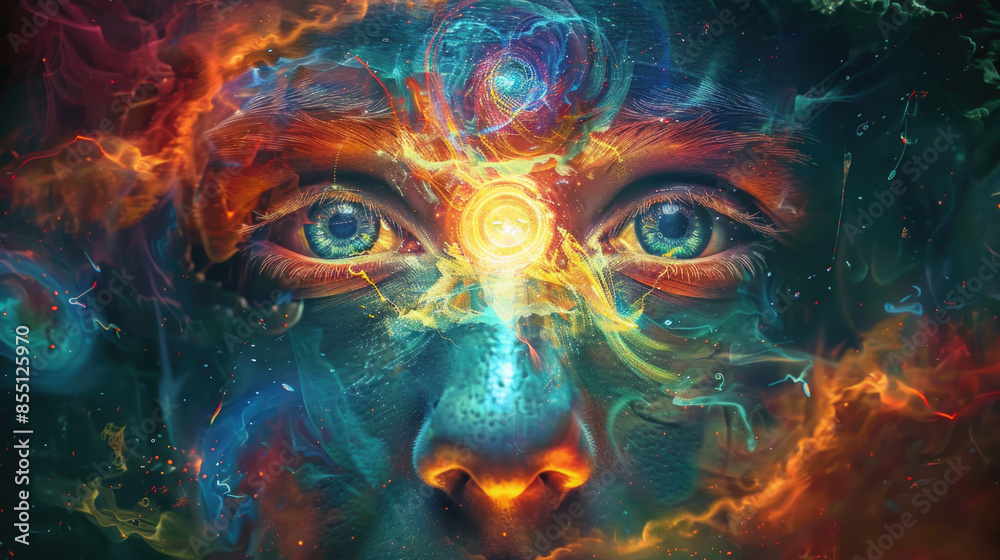 Third eye is on woman's forehead, symbol of spirituality, spiritual awakening, mindfulness, meditation and healing Third eye is on woman's forehead, symbol of spirituality, spiritual awakening, mindfulness, meditation and healing