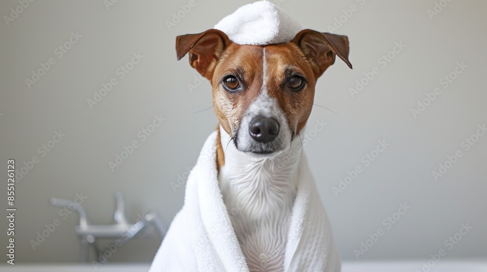 Adorable dog in spa attire posing for a relaxing portrait Adorable dog in spa attire posing for a relaxing portrait