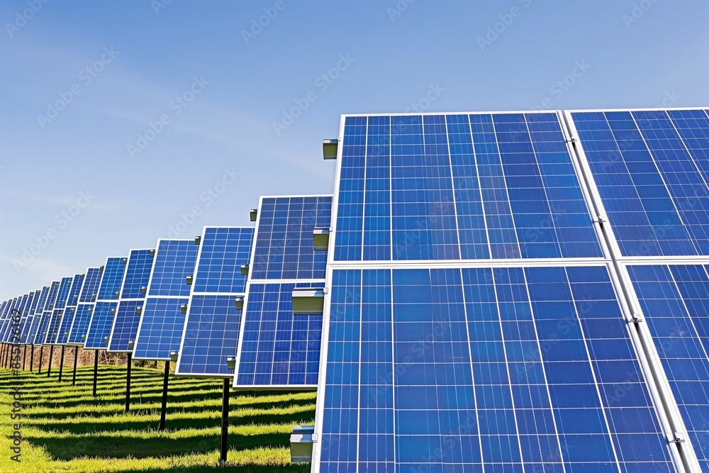 A close-up photo of solar panels against blue sky with clouds in the background. The focus on photovoltaic technology illustrates the concept of sustainable energy, renewables, and climate resilience. A close-up photo of solar panels against blue sky with clouds in the background. The focus on photovoltaic technology illustrates the concept of sustainable energy, renewables, and climate resilience.