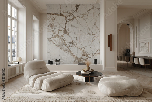 Luxurious Paris apartment with marble textures, soft natural light, elegant furniture, and tasteful decor, showcasing minimalist aesthetics and thoughtful design for a tranquil and clutter-free living