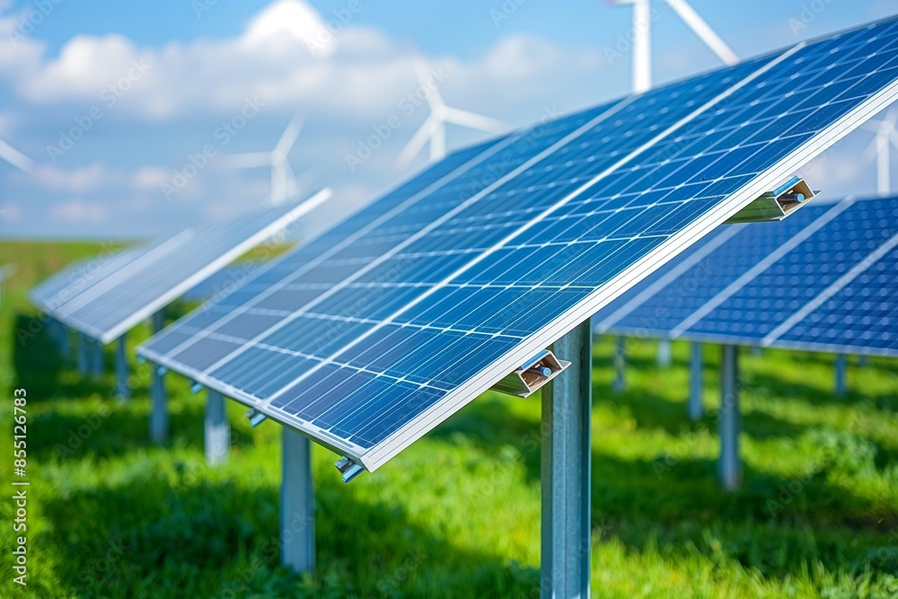 A close-up photo of solar panels against blue sky with clouds in the background. The focus on photovoltaic technology illustrates the concept of sustainable energy, renewables, and climate resilience. A close-up photo of solar panels against blue sky with clouds in the background. The focus on photovoltaic technology illustrates the concept of sustainable energy, renewables, and climate resilience.