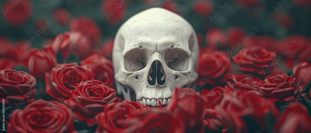 Intricately detailed skull surrounded by deep red roses, illustrating the juxtaposition of mortality and beauty in a rich, textured composition Intricately detailed skull surrounded by deep red roses, illustrating the juxtaposition of mortality and beauty in a rich, textured composition