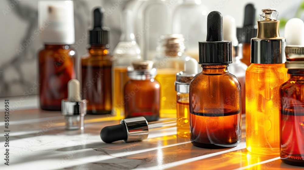 Face care and serum glass bottles over white background, face and body care concept, Face care and serum glass bottles over white background, face and body care concept,