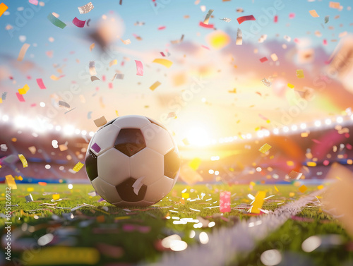 Dynamic Soccer Ball Soaring Through a Confetti-Filled Sky at Sunset
