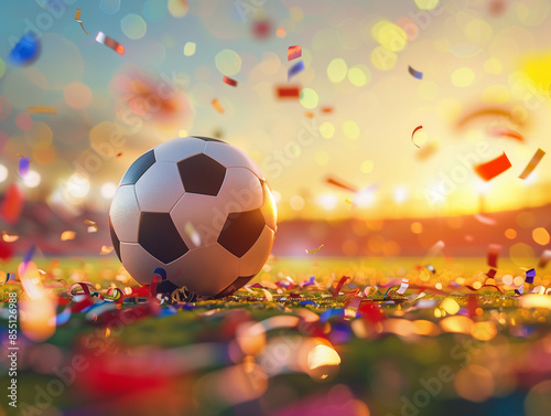 Dynamic Soccer Ball Soaring Through a Confetti-Filled Sky at Sunset
