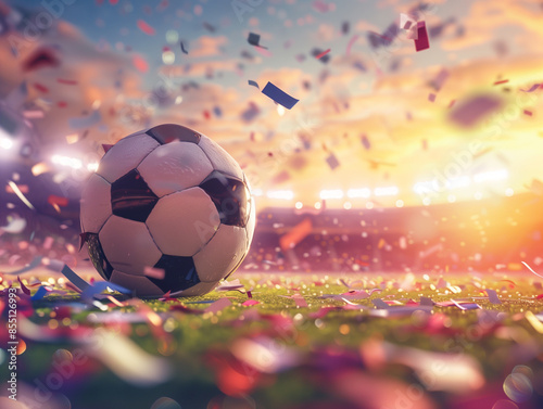 Dynamic Soccer Ball Soaring Through a Confetti-Filled Sky at Sunset