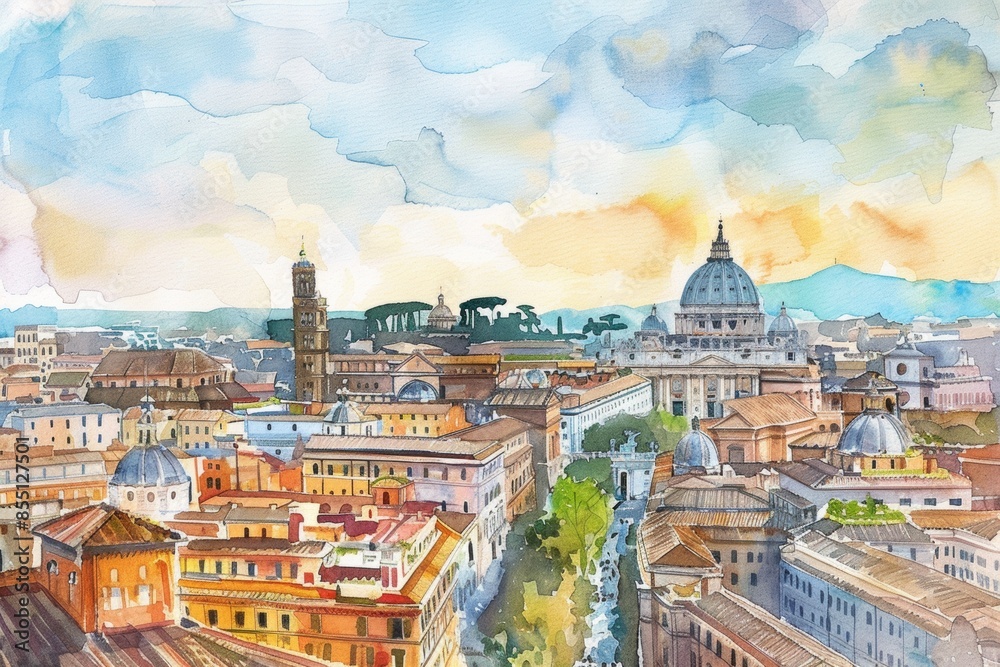 Fototapeta premium watercolor illustration touristic card with aerial view of Rome, Italy