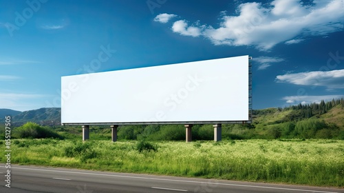 A large billboard is on the side of a road with a green field in the background