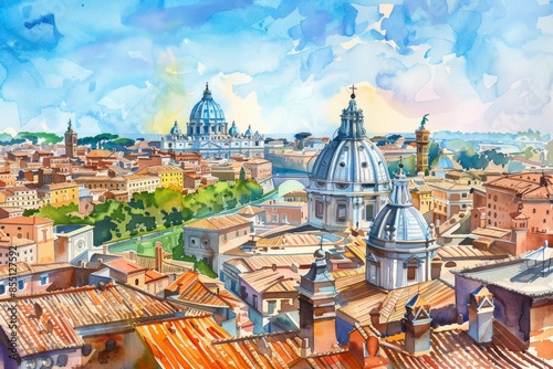 watercolor illustration touristic card with aerial view of Rome, Italy