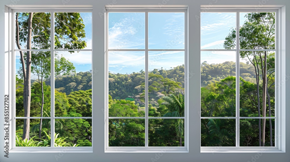 White Window Frame with Forest View, Blue Sky and Trees, Perfect for Nature and Interior Concepts White Window Frame with Forest View, Blue Sky and Trees, Perfect for Nature and Interior Concepts