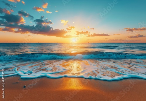 Coastal Sunset With Foamy Waves Crashing On Sandy Shore