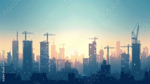 A city skyline with a large crane in the background