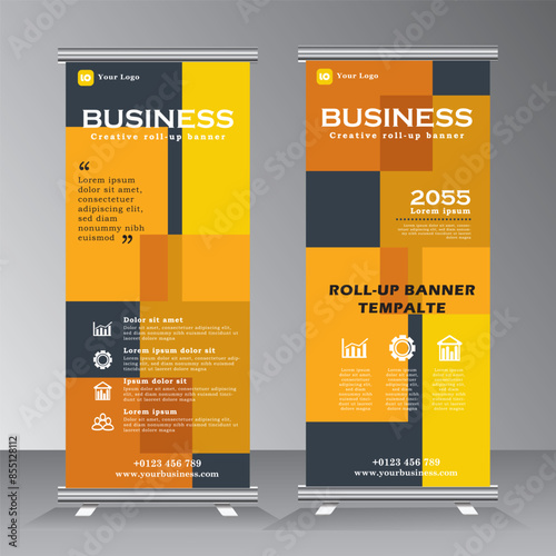 Yellow Roll up banner stand template, Vertical Banner design for advertisement, pull up and x banner, flyer design vector for business