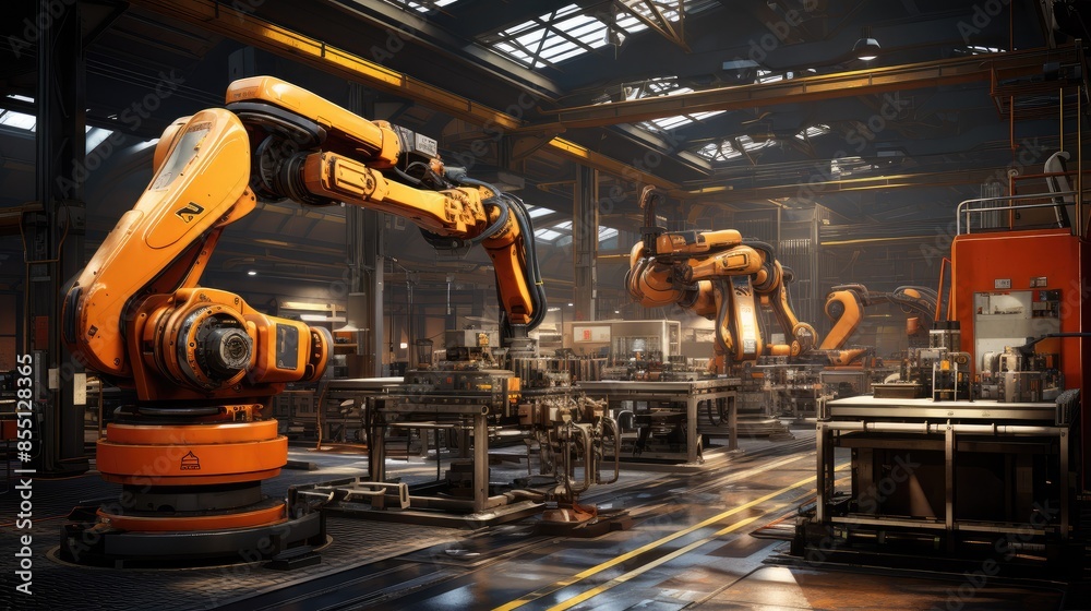 Industrial warehouse with advanced robotic machinery Industrial warehouse with advanced robotic machinery