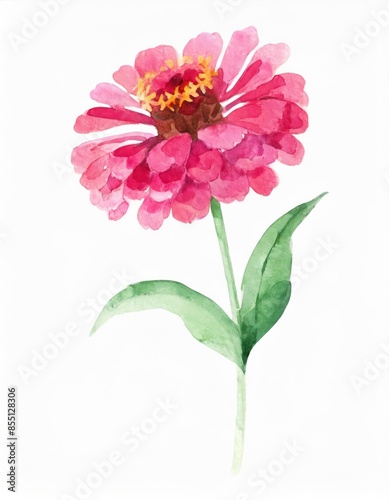 Hand drawn watercolor pink zinnia flower isolated on white background