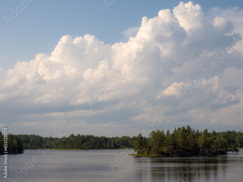 landscape with a rocky island on a forest lake