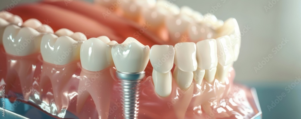 Close up of dental teeth implant, dental care concept banner. Generative Ai. Close up of dental teeth implant, dental care concept banner. Generative Ai.