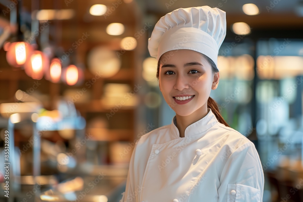 Confident and Cheerful Female Chef in Professional Kitchen Confident and Cheerful Female Chef in Professional Kitchen