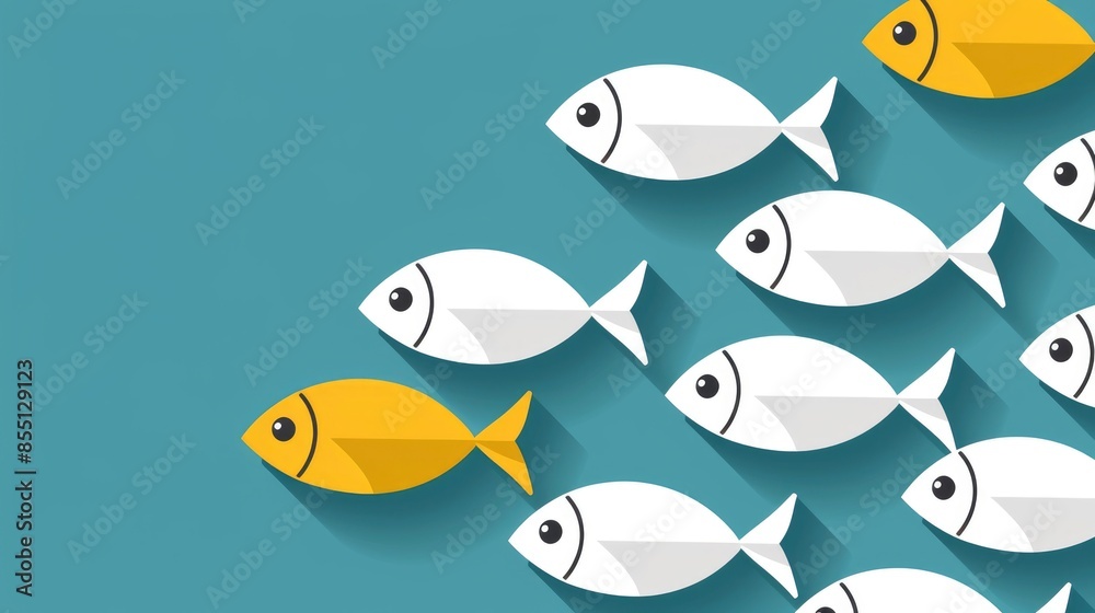 Vector illustration of multiple fishes on a cyan background, simple design, flat vector graphic with white outlines, white and blue color palette, minimalistic style, high resolution Vector illustration of multiple fishes on a cyan background, simple design, flat vector graphic with white outlines, white and blue color palette, minimalistic style, high resolution