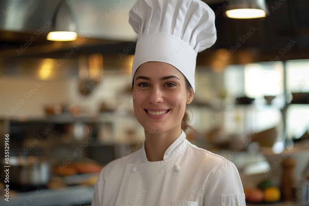 Confident and Cheerful Female Chef in Professional Kitchen Confident and Cheerful Female Chef in Professional Kitchen