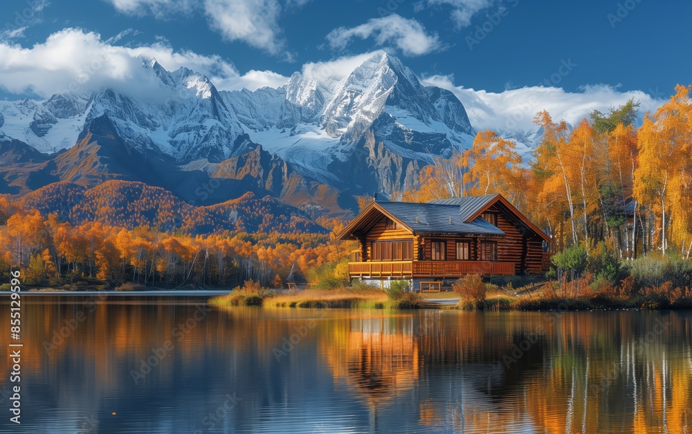 Fototapeta premium Autumn lake house with snowy mountains