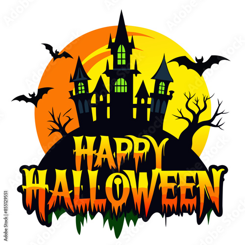 Happy Halloween typography with a creepy castle for t-shirt, banner, and poster design design