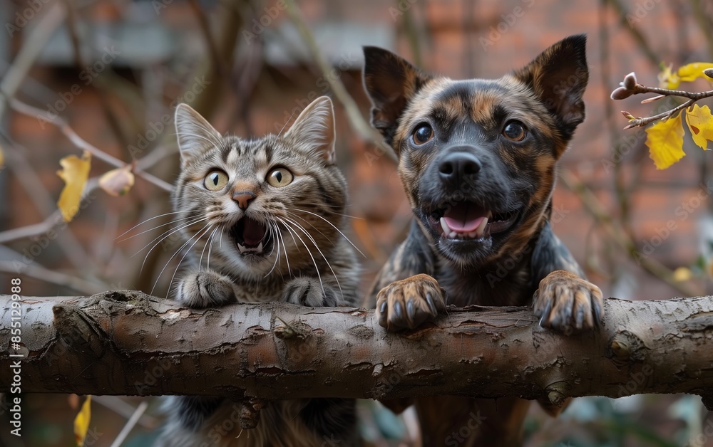 Obraz premium Cat and dog peeking over a tree branch