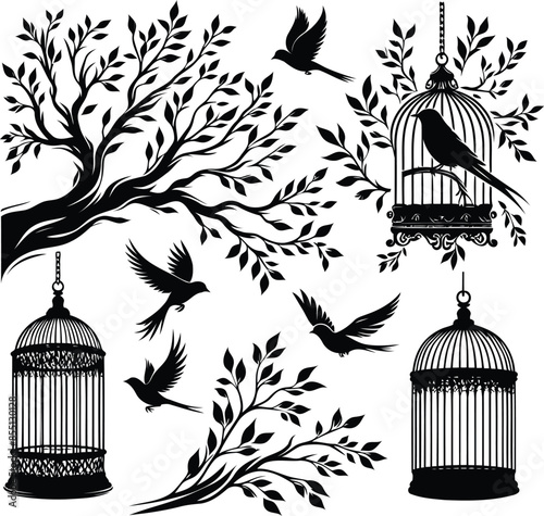 Vector illustration of beautiful bird cage on the Purple tree and flying birds.